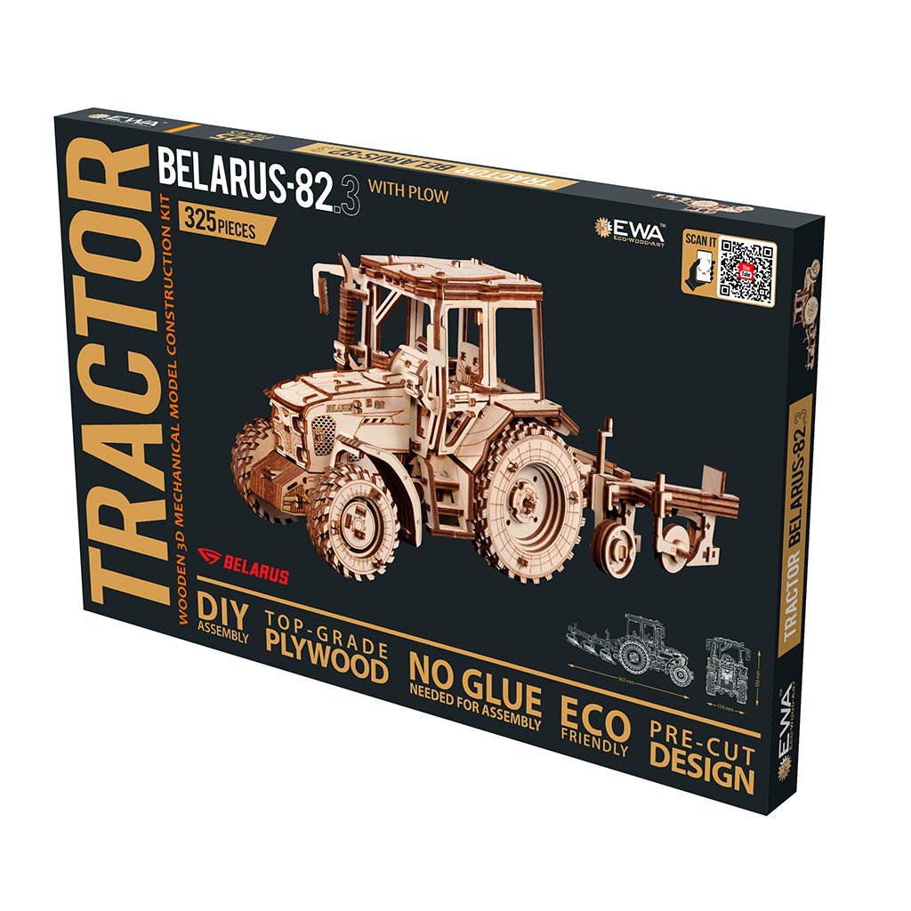 3D Mechanische Houten Puzzel Tractor Belarus 82.3 met Ploeg – 325 Stukjes