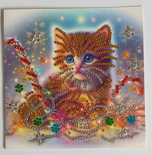 Kerstkat met zuurstokken, diamond painting wenskaart, 15 x 15 cm
