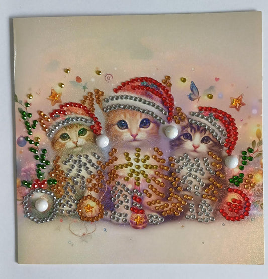 Katjes met kerstmutsen, diamond painting wenskaart, 15 x 15 cm