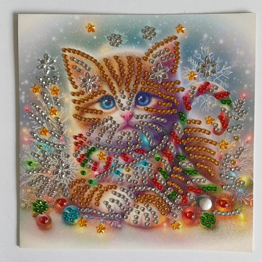 Kerstkat met zuurstok en sneeuwvlokken, diamond painting wenskaart, 15 x 15 cm