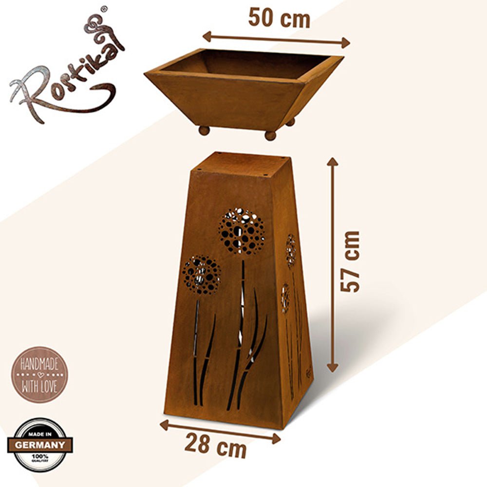 Roest metalen sierzuil met paardenbloemen en plantenbak