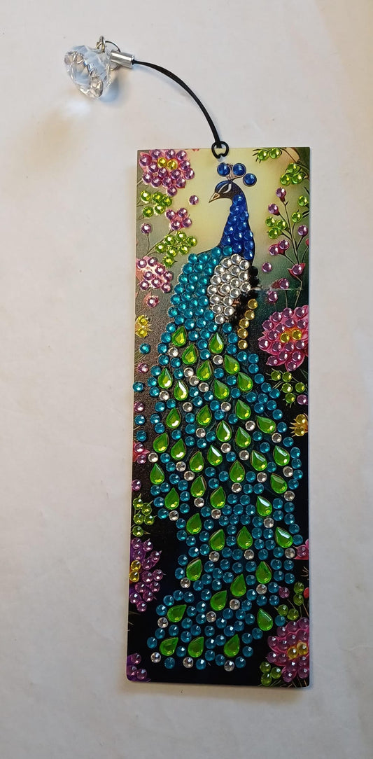 Pauw met bloemen, boekenlegger met diamantsteentjes 5 × 15 cm
