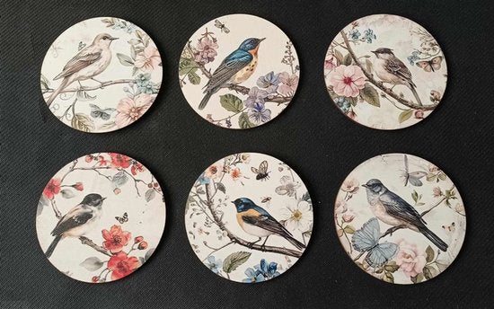 Onderzetters vogel, romantisch, 6 stuks