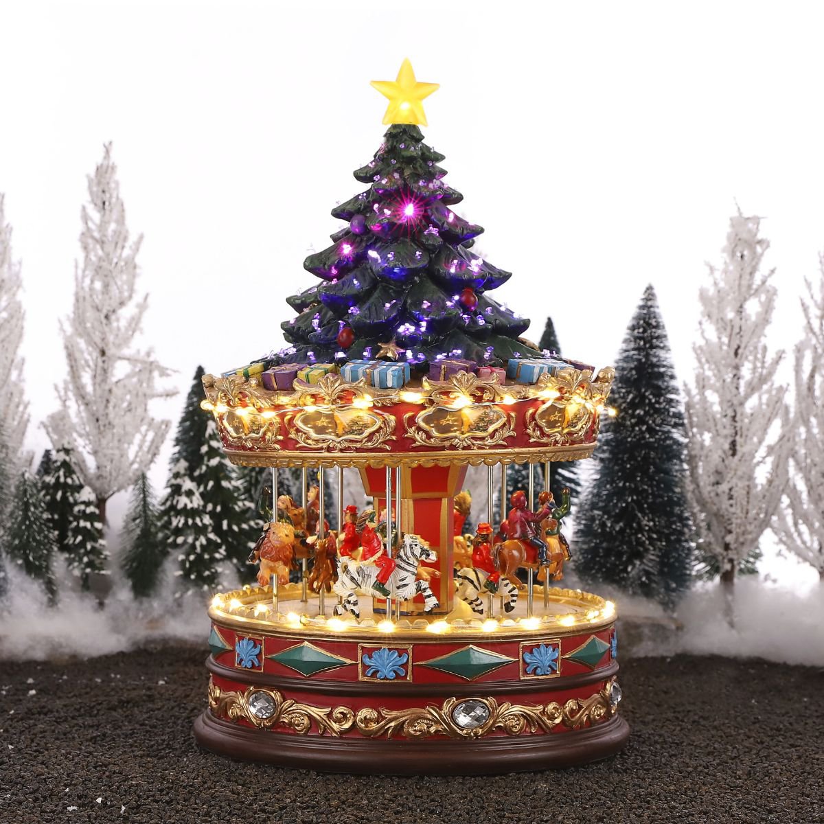 Kerstdorp carrousel met kerstboom, muziek en verlichting, 22 × 22 × 35 cm