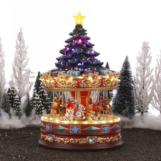 Kerstdorp carrousel met kerstboom, muziek en verlichting, 22 × 22 × 35 cm