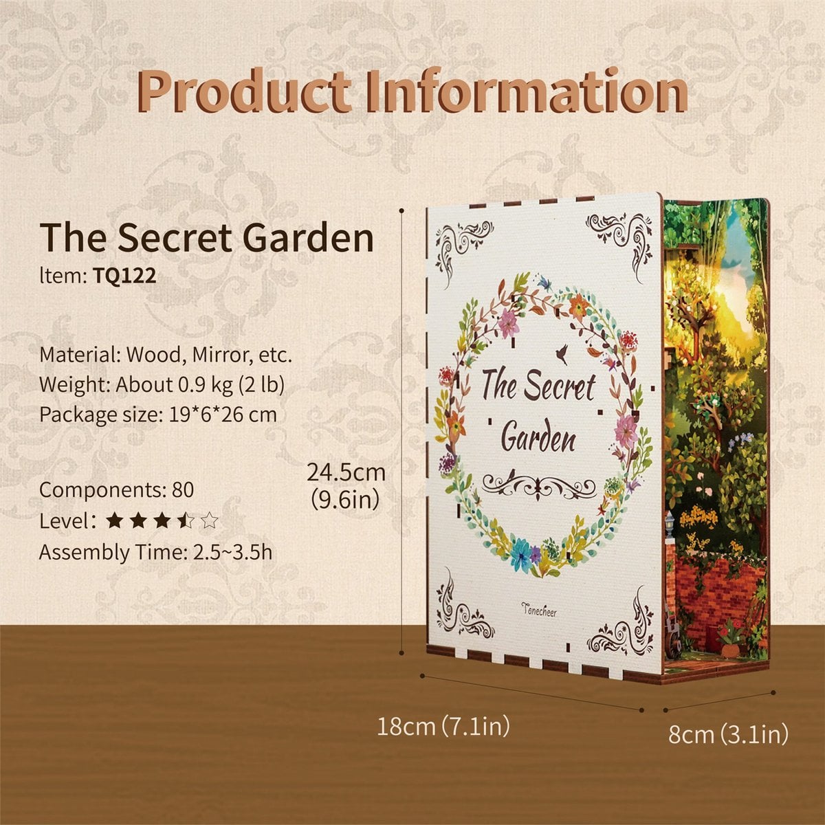 DIY book nook the secret garden bookend, 24,5 cm