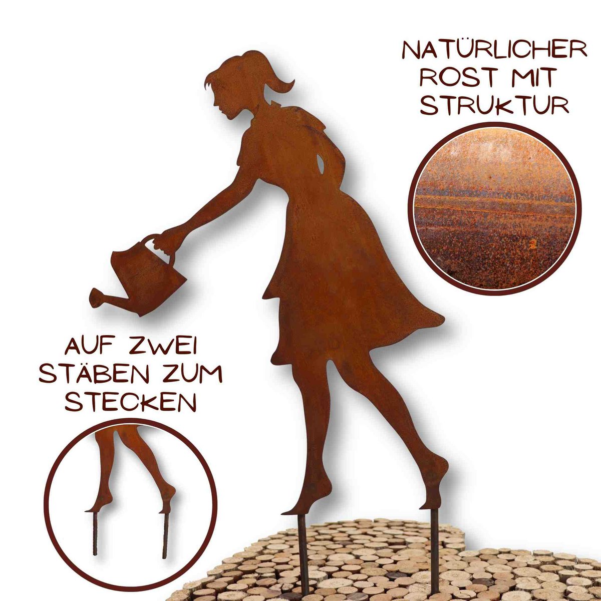 Tuinfiguur Gisela met gieter metalen roestdecoratie, 40 of 60 cm