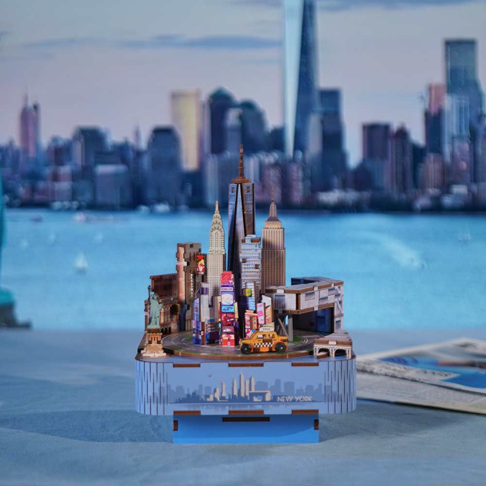 DIY 3D houten muziekdoos New York, 14 x 14 x 19 cm