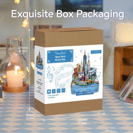DIY 3D houten muziekdoos New York, 14 x 14 x 19 cm