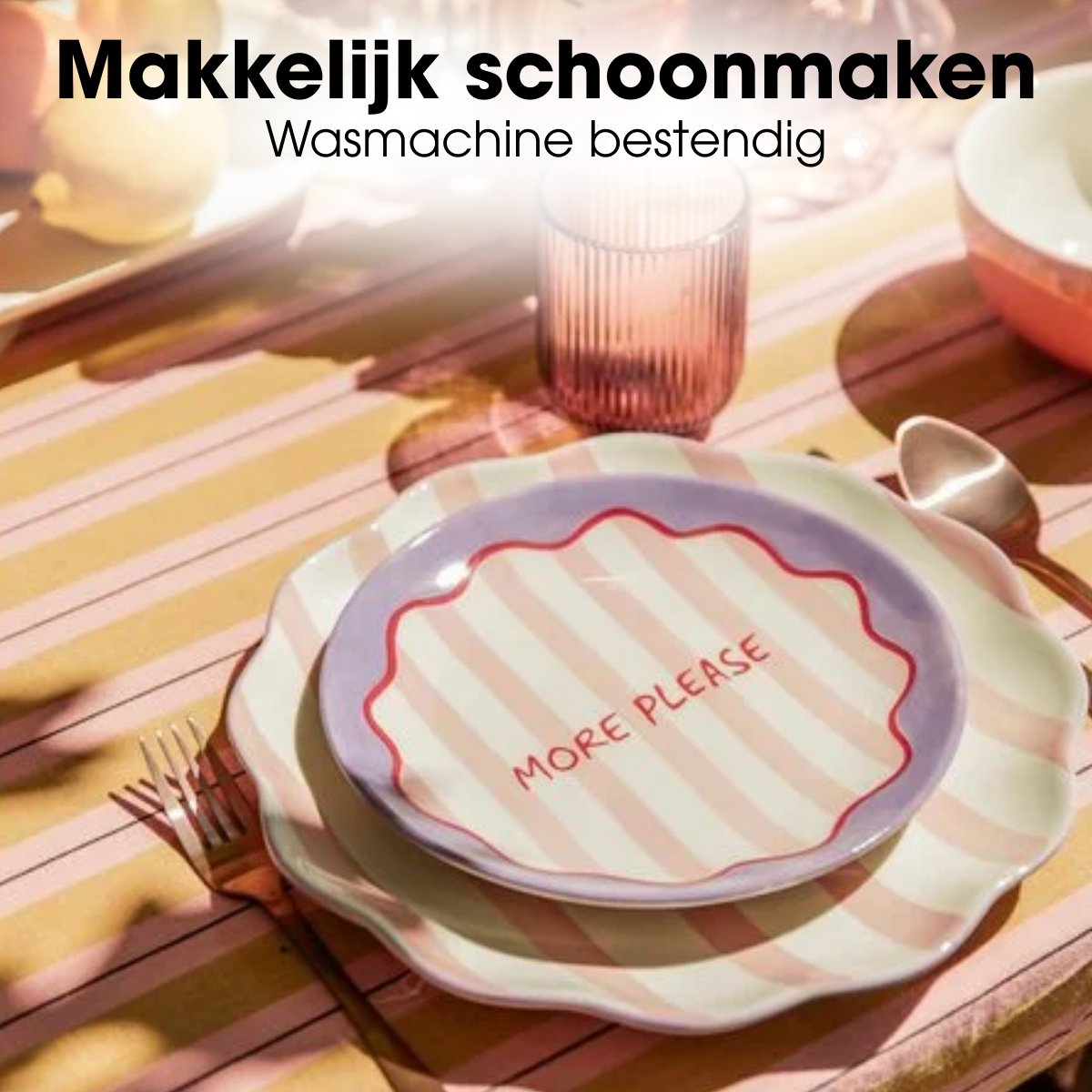 Tafelkleed roze okergeel gestreept, 250 x 140 cm