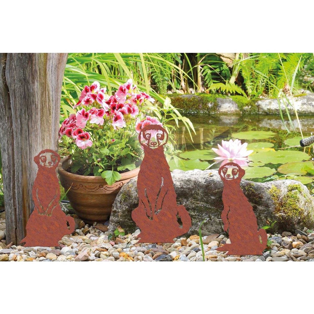 Stokstaartjes familie roest ornament set van 3 – tuin decoratie