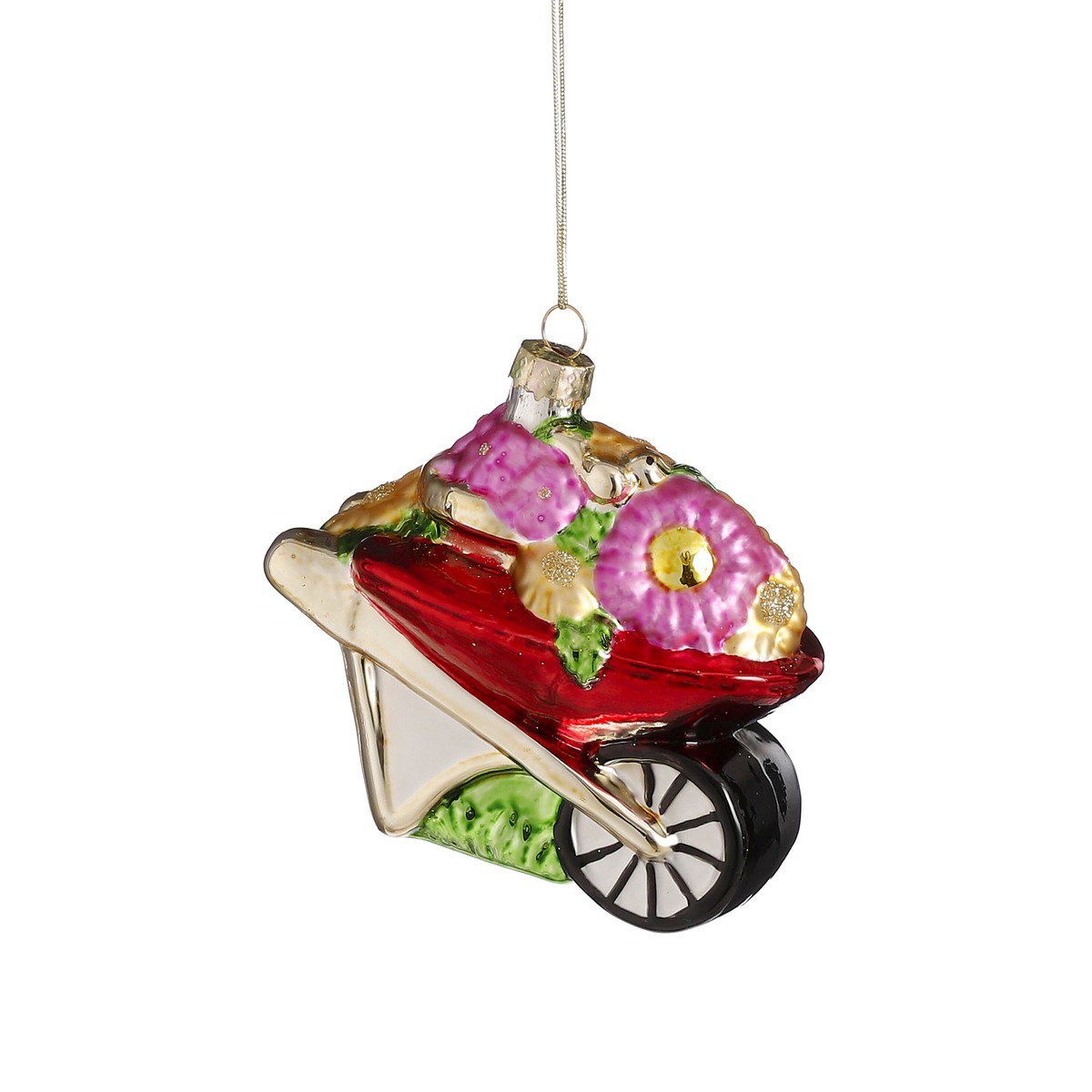 Kruiwagen met bloemen kersthanger van glas, 10,5 cm