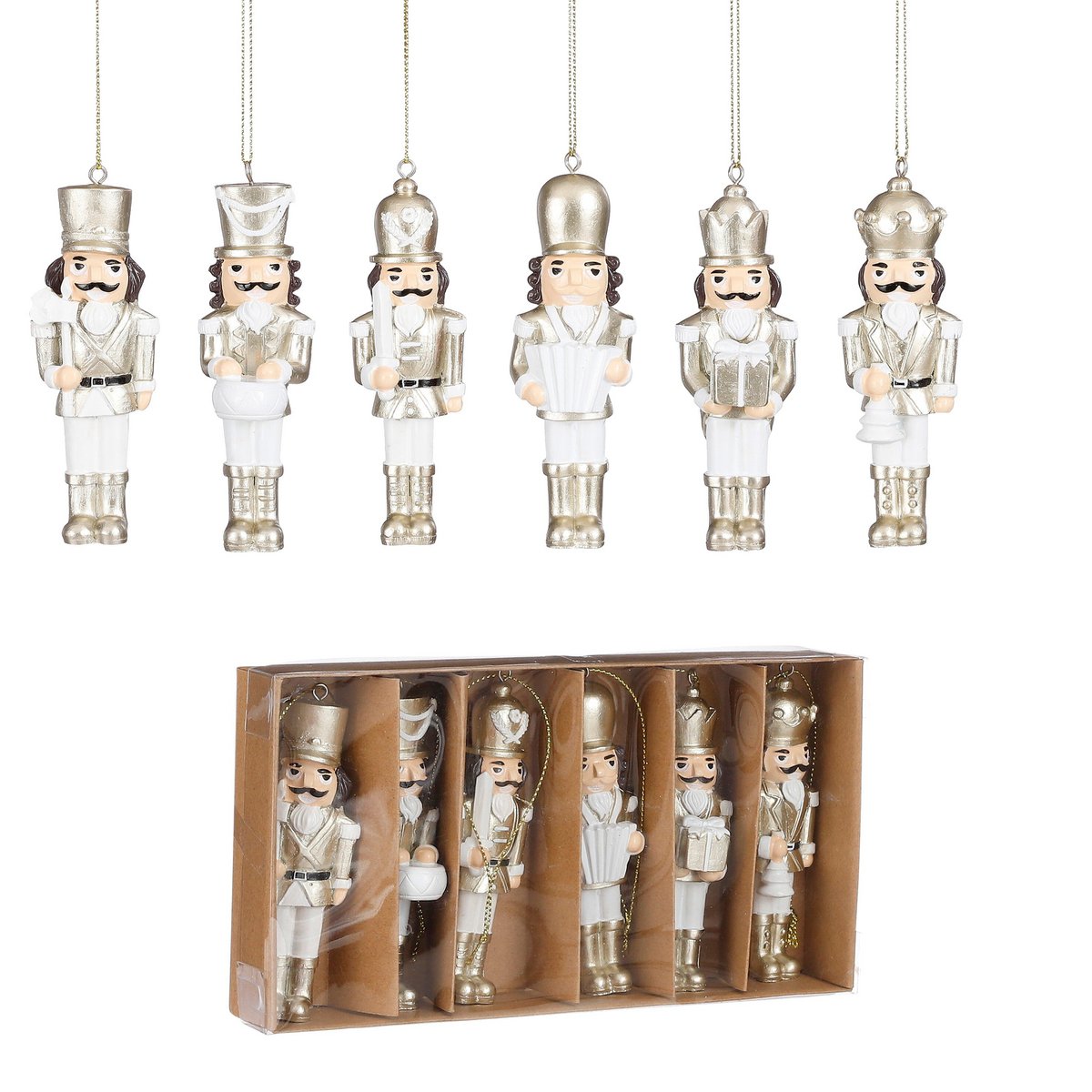Notenkraker kerstdecoratie set, goud met wit, 6 stuks, 10,5 cm