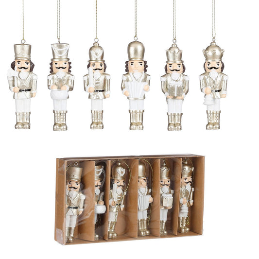 Notenkraker kerstdecoratie set, goud met wit, 6 stuks, 10,5 cm