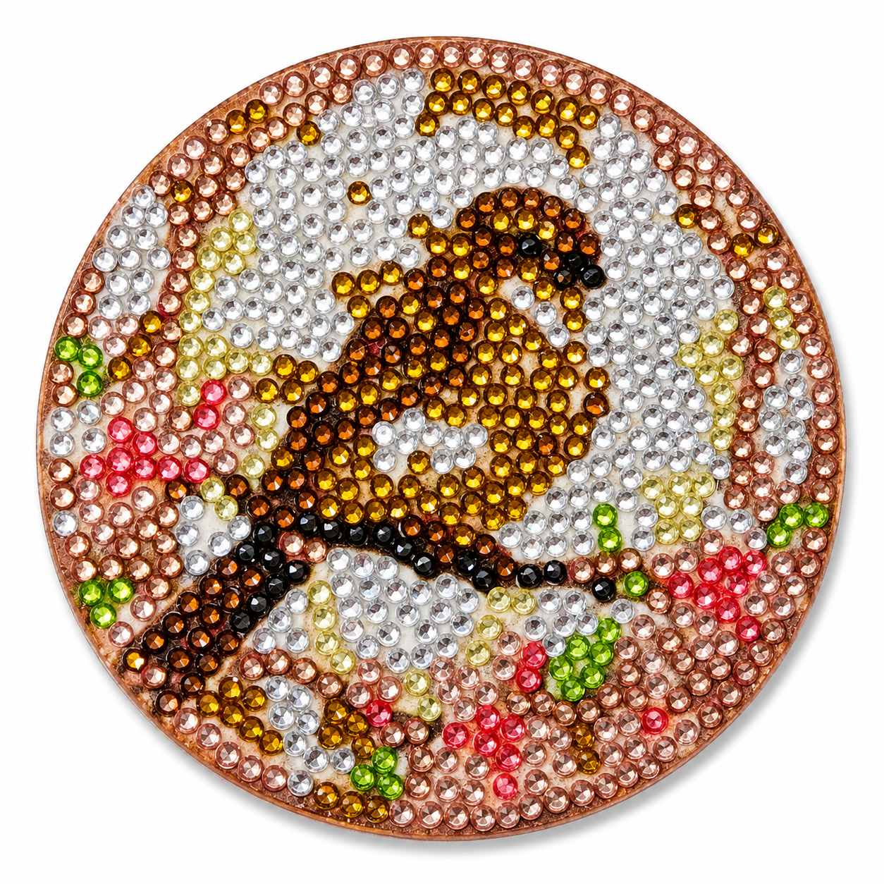Bruin vogeltje onderzetter, diamond painting voltooid, 9,5 cm