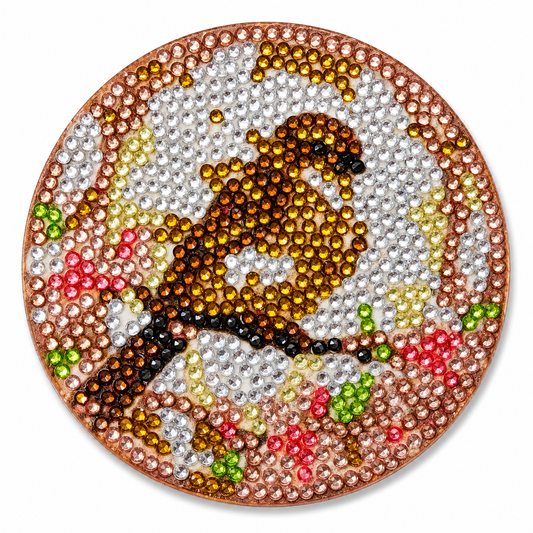 Bruin vogeltje onderzetter, diamond painting voltooid, 9,5 cm