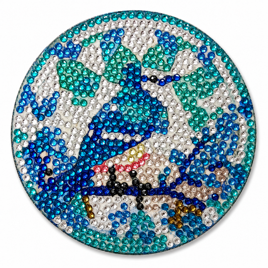 Blauwe vogel onderzetter, diamond painting voltooid, 9,5 cm
