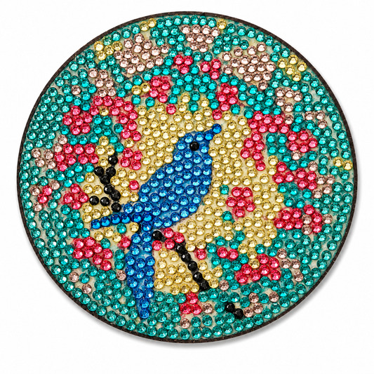 Blauwe vogel onderzetter, diamond painting voltooid, 9,5 cm