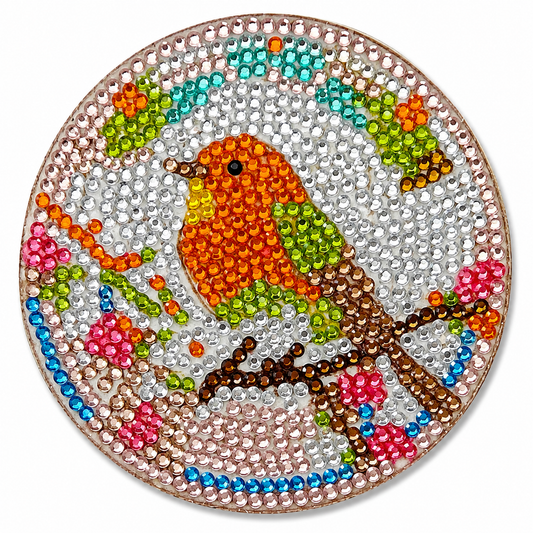 Oranje vogel onderzetter, diamond painting voltooid, 9,5 cm
