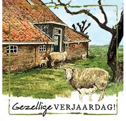 Rien Poortvliet Wenskaart – Gezellige verjaardag schapen – 13,5 x 13,5 cm