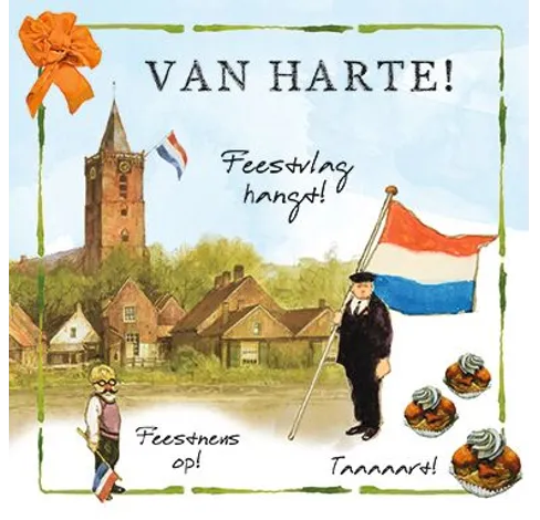 Rien Poortvliet Wenskaart – Van harte Feestvlag hangt – 13,5 x 13,5 cm