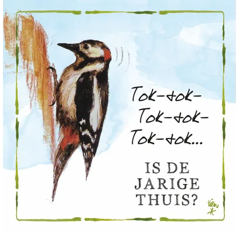 Rien Poortvliet Wenskaart – Tok tok is de jarige thuis – 13,5 x 13,5 cm