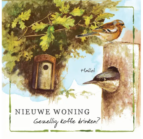 Rien Poortvliet Wenskaart – Nieuwe woning gezellig koffie drinken – 13,5 x 13,5 cm