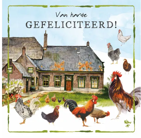 Rien Poortvliet Wenskaart – Van harte gefeliciteerd kippen – 13,5 x 13,5 cm