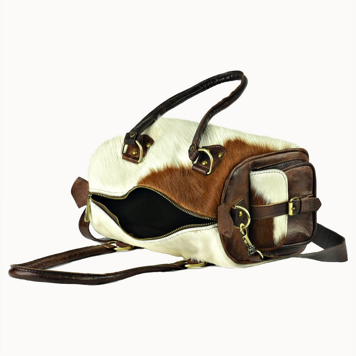 Yasmin leren handtas met koeienvacht, 30 × 15 × 19 cm