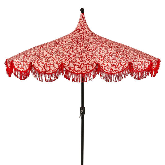 Rode parasol met bloemenprint en franjes Ø235 cm