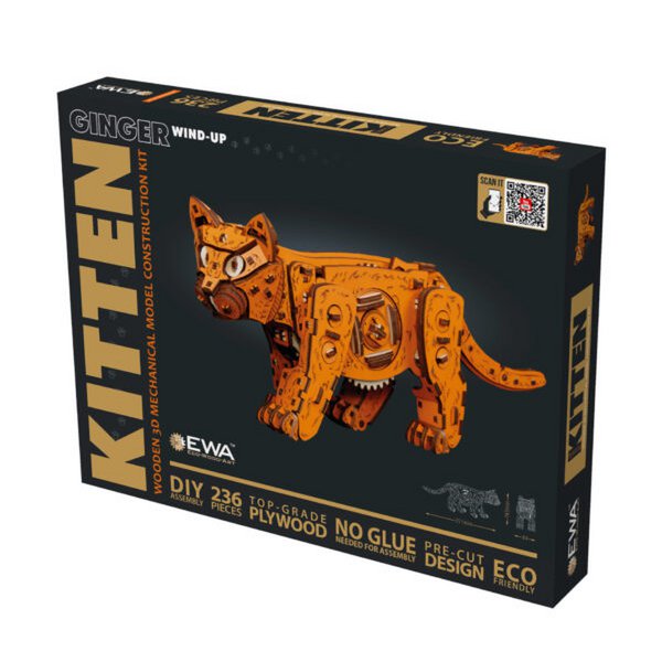 DIY houten mechanische puzzel kat Ginger, 35,1 x 8,4 x 14,5 cm