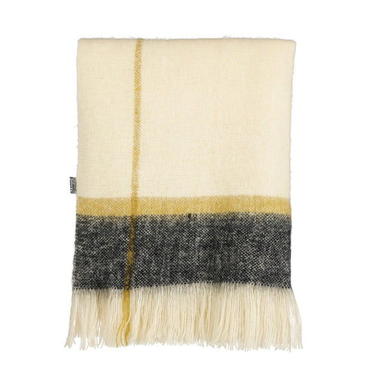 Plaid met strepen en franjes, wit/geel/grijs, 130 × 180 cm