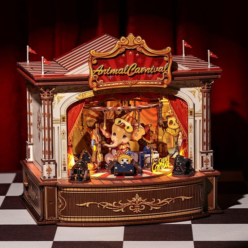 DIY 3D houten muziekdoos Animal Carnival met led, 22 x 18 x 22,2 cm