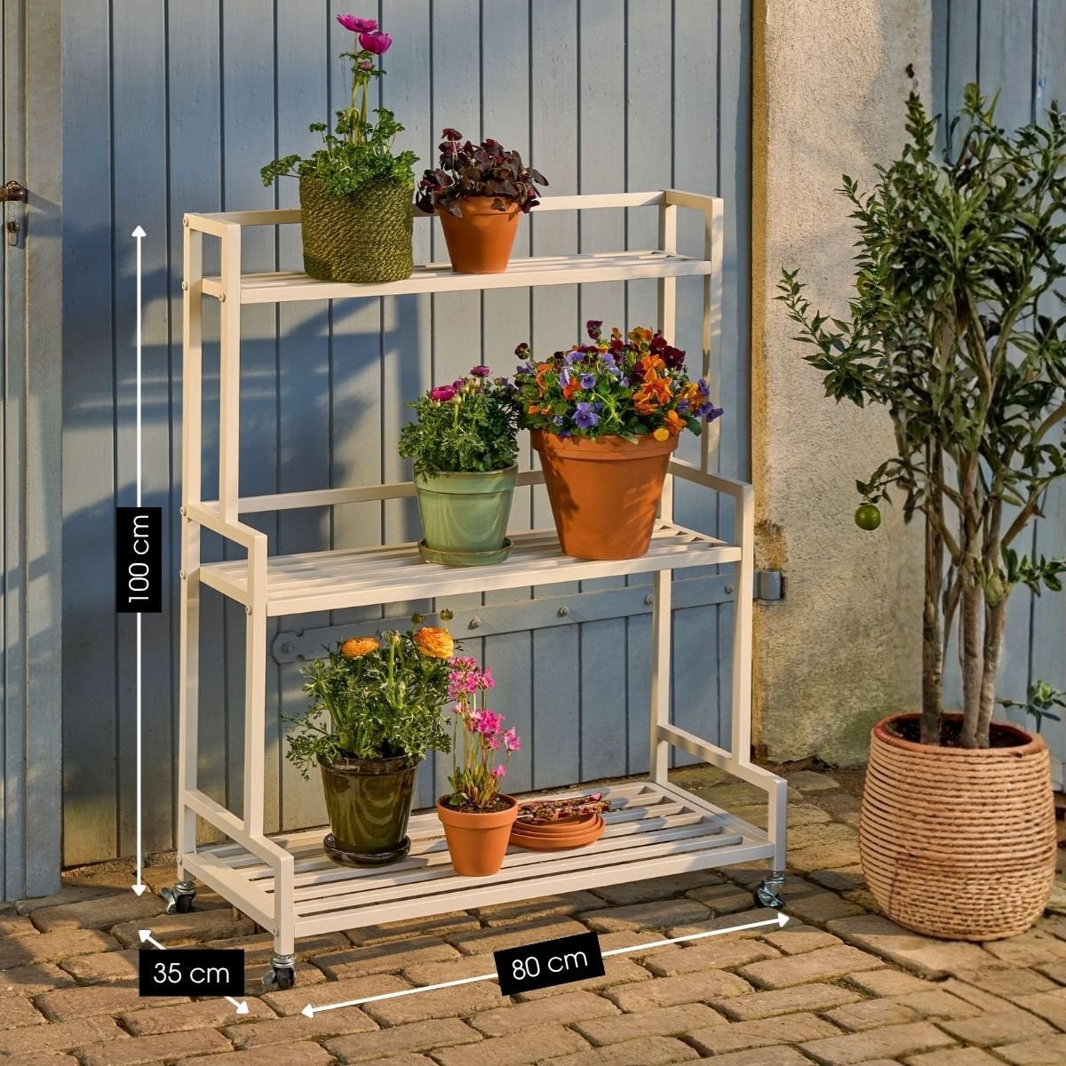 Greenrax plantenstandaard met wielen, off-white, 80 × 35 × 100 cm