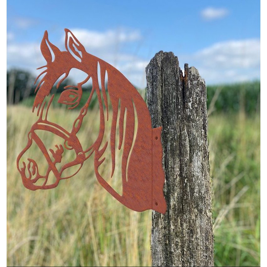Kiekeboe paardenhoofd roest ornament – paal en schuttingdecoratie