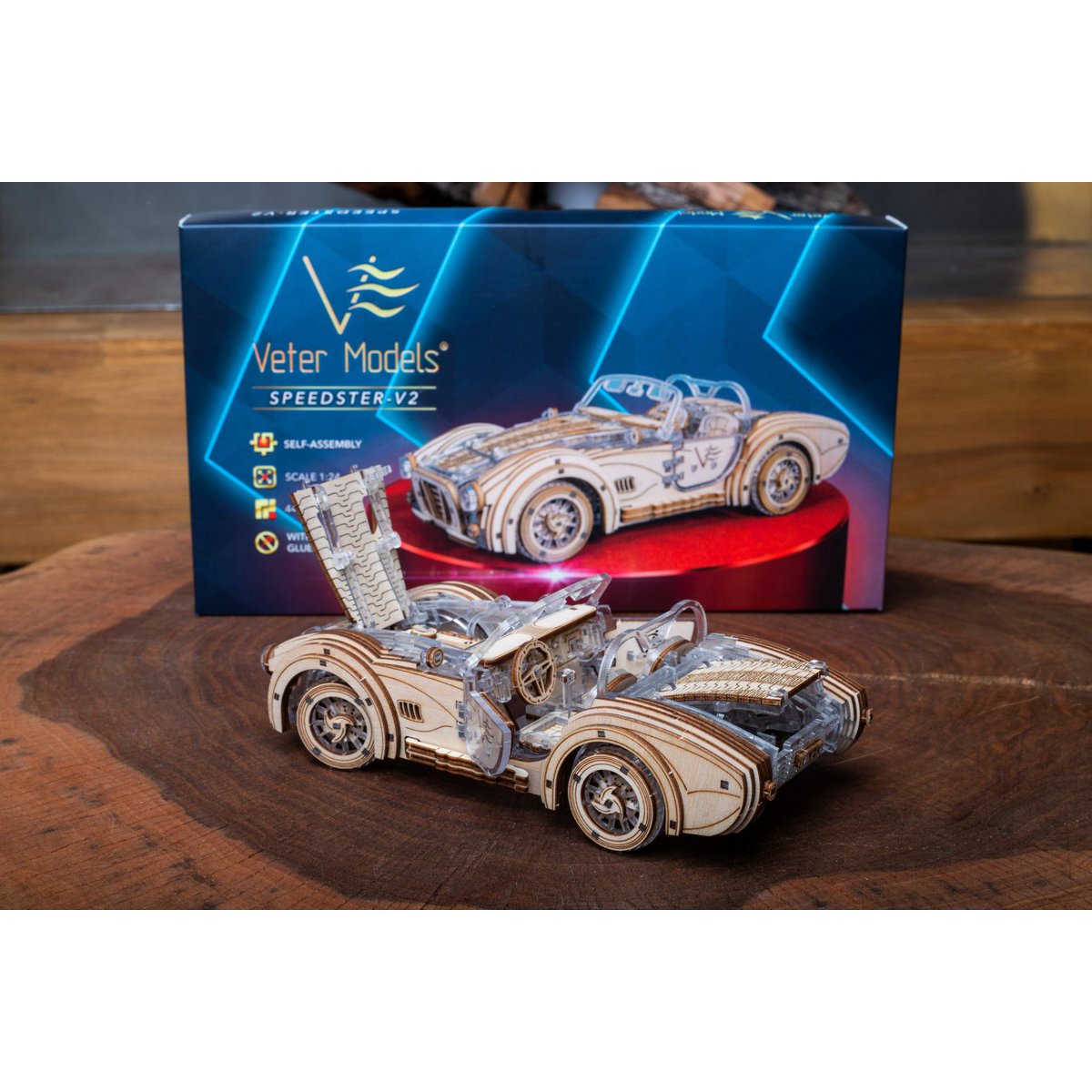 DIY houten mechanische puzzel Speedster V2 auto, 16,4 x 8 x 5,5 cm