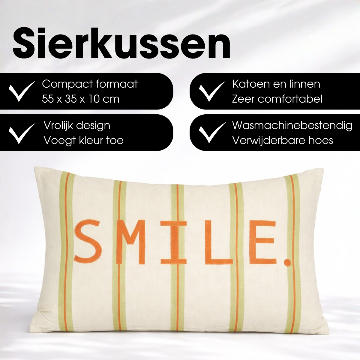 Sierkussen met tekst smile, 55 x 35 cm