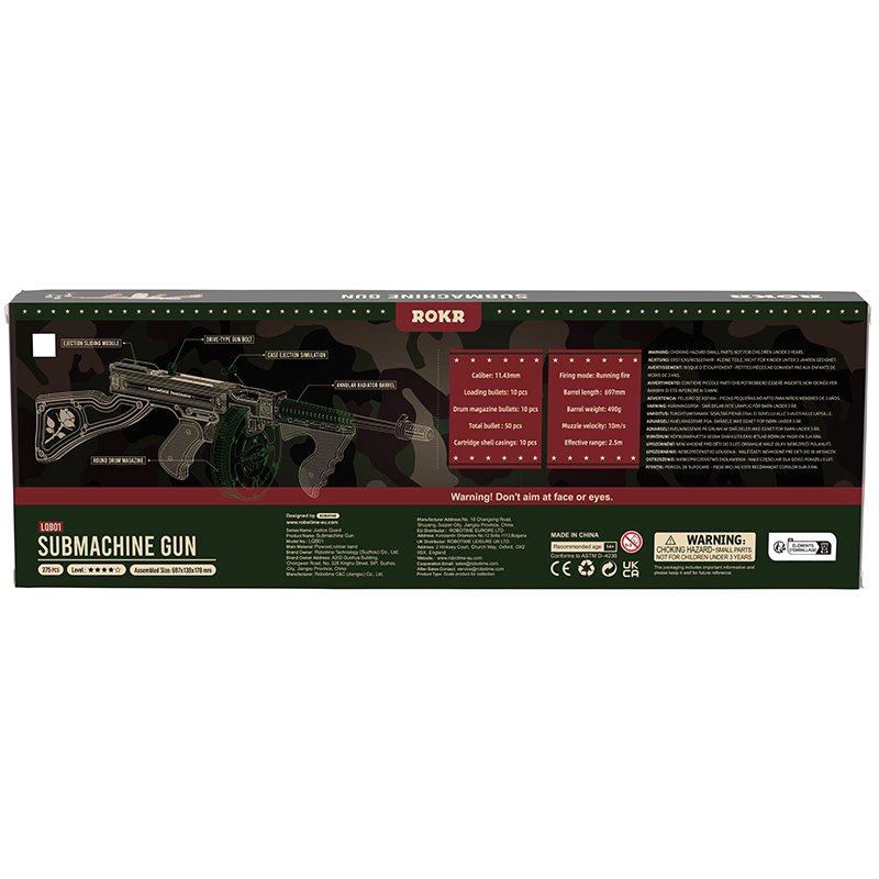 Submachine Gun houten 3D puzzel, 69,7 × 13,8 × 17,8 cm
