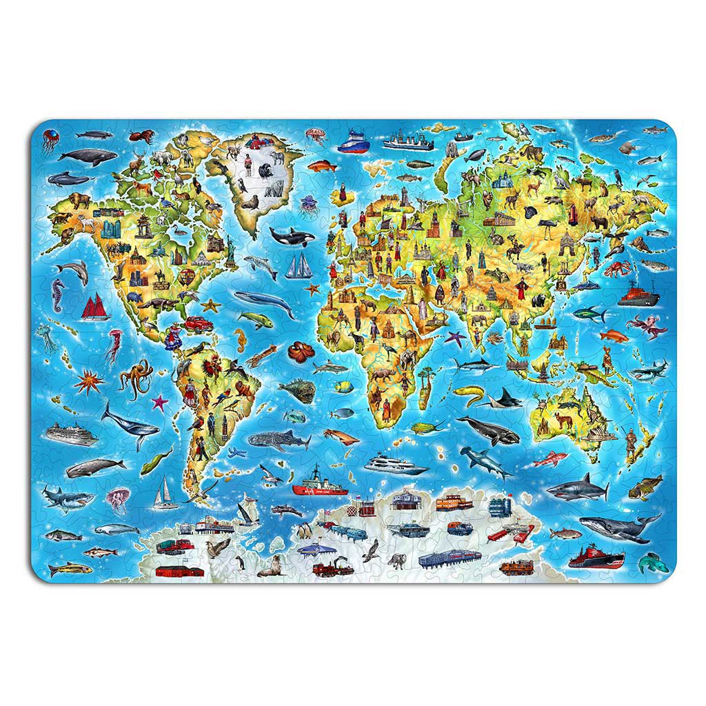 Houten legpuzzel World Map in kleur 501 stukjes, 55 × 39,3 cm
