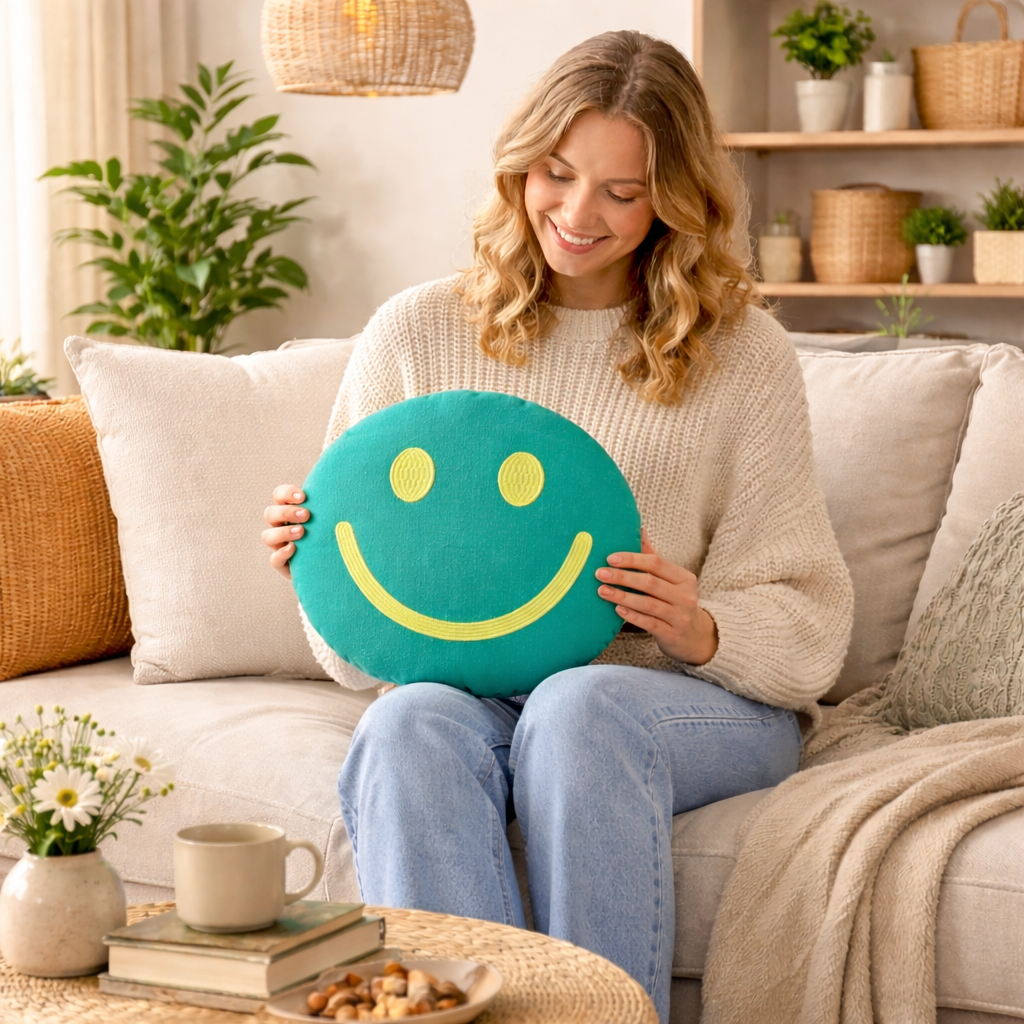 Sierkussen smiley groen rond, Ø45 cm