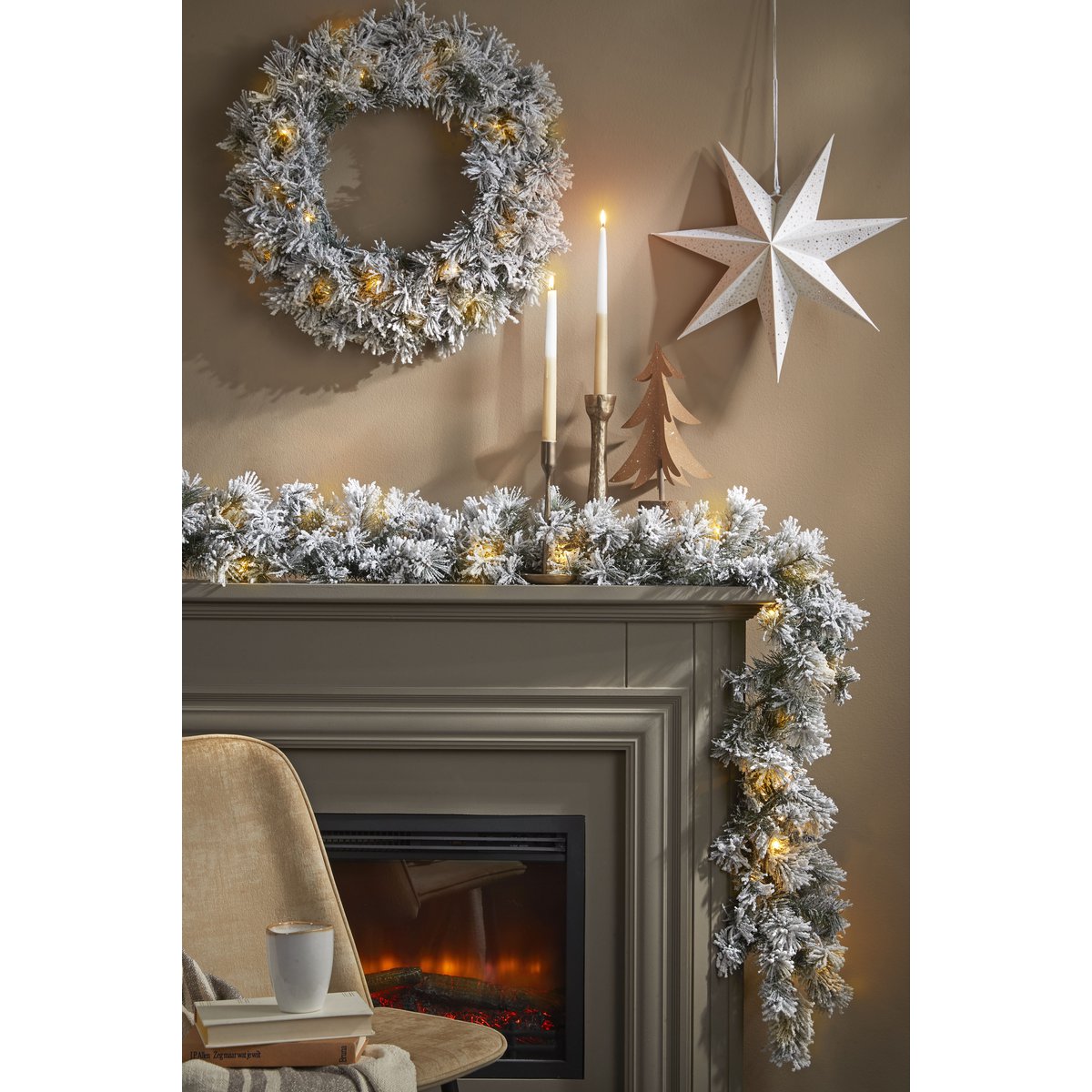 Dinsmore besneeuwde kerstkrans met verlichting, Ø 60 cm