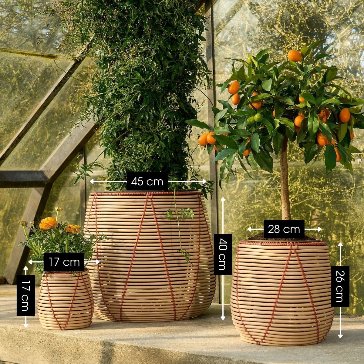 Cancun bloempottenset, 3 stuks, beige met oranje details