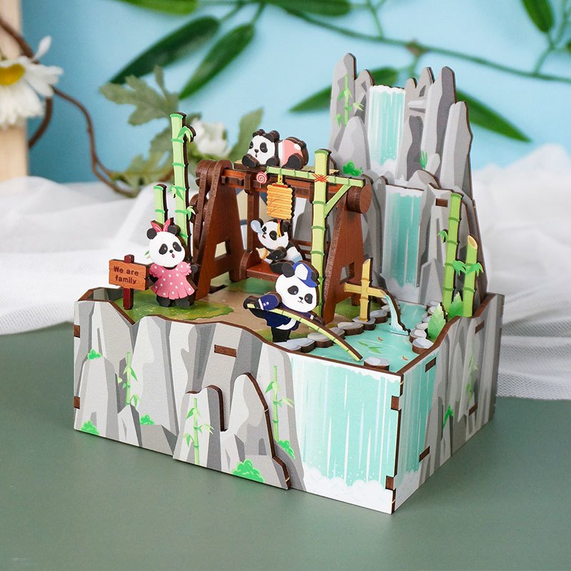 DIY 3D houten muziekdoos Panda's Home, 13 x 10,3 x 13,8 cm