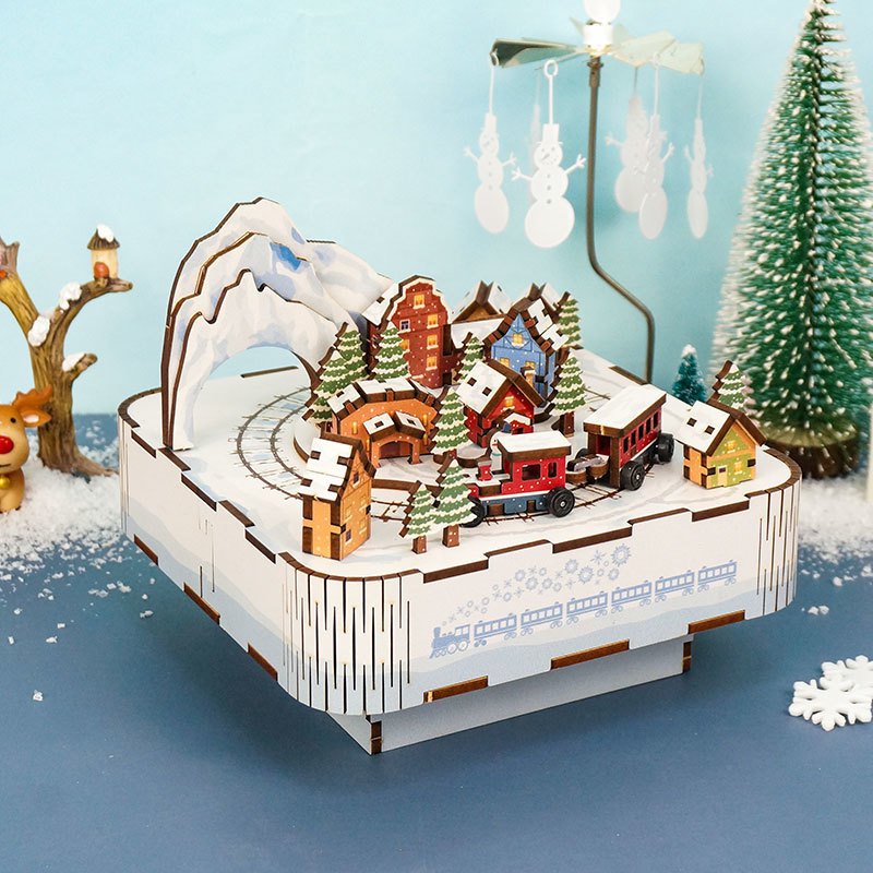 Houten muziekdoos 3D puzzel Snow Train, 14 cm