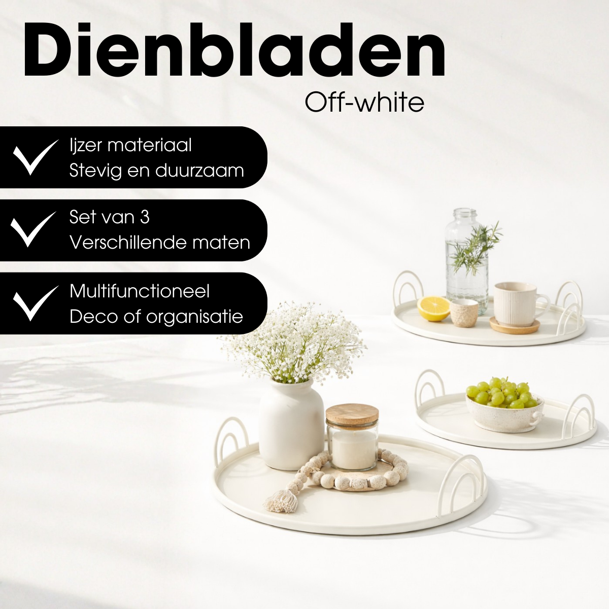 Dienbladen set van 3 met handgrepen, Ø30, Ø36 en Ø42 cm