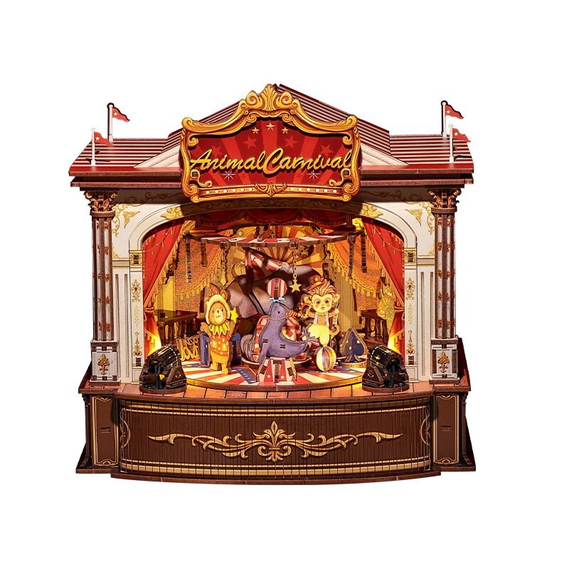 DIY 3D houten muziekdoos Animal Carnival met led, 22 x 18 x 22,2 cm