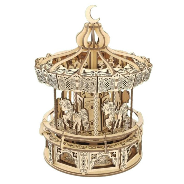 Houten puzzel carousel muziekdoos, 20,5 × 20,5 × 27 cm