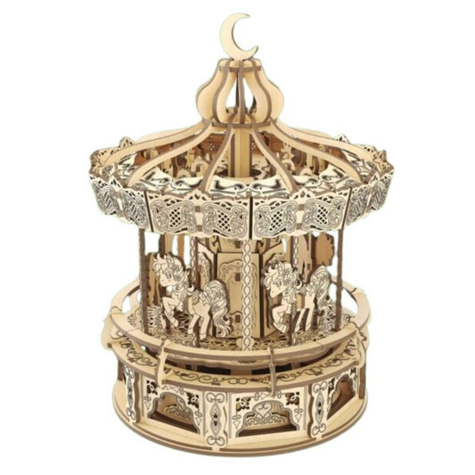 Houten puzzel carousel muziekdoos, 20,5 × 20,5 × 27 cm