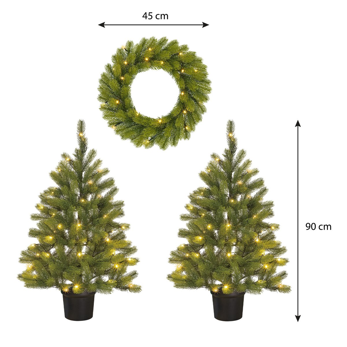 Nagoya set van 2 kunstkerstbomen en kerstkrans met verlichting, 90 cm, Ø 45 cm