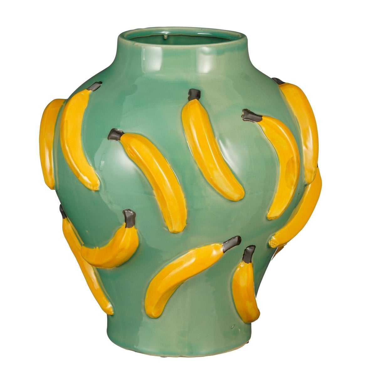 Mica Decorations Moza Vaas – Keramiek Groen met Bananenprint (H37,5 x Ø34 cm)